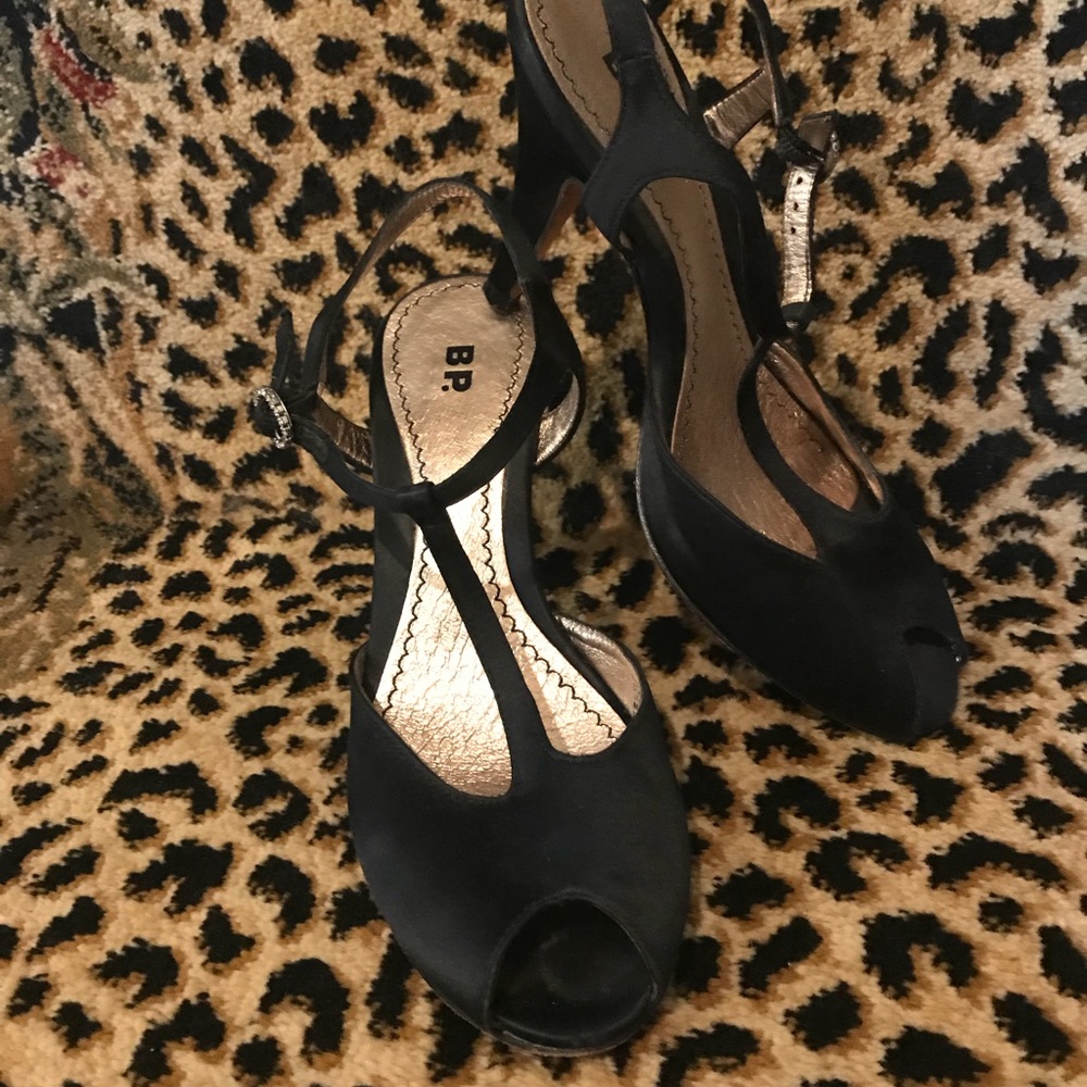 Leather, Satin, and Crystal T-strap Heel